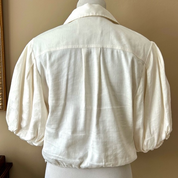 Frame Voluminous Twist Blouse White Cream Linen Puff Sleeve Size Large - Picture 7 of 16